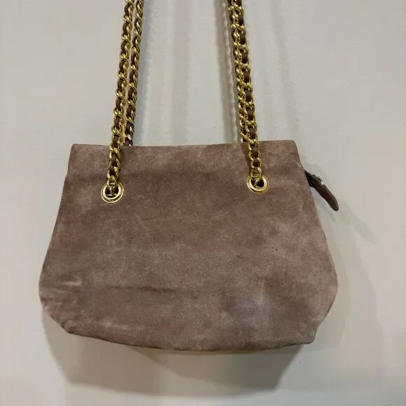Taupe Suede Shoulder Bag with Gold Chain Strap Classic Purse - Picture 1 of 10
